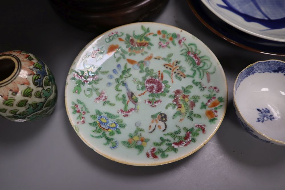 A Chinese famille rose jardiniere wood stand, and various 19th / 20th century Chinese and Japanese porcelain items, tallest 16cm